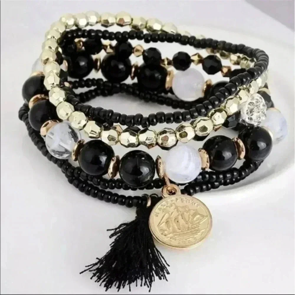 Lovely Black & Gold Coin Tassel Beaded Bracelet NWT